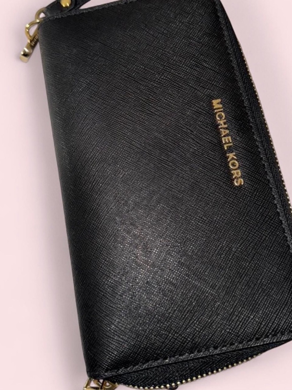 Michael Kors Black Saffiano Zip Wristlet with Gold Hardware